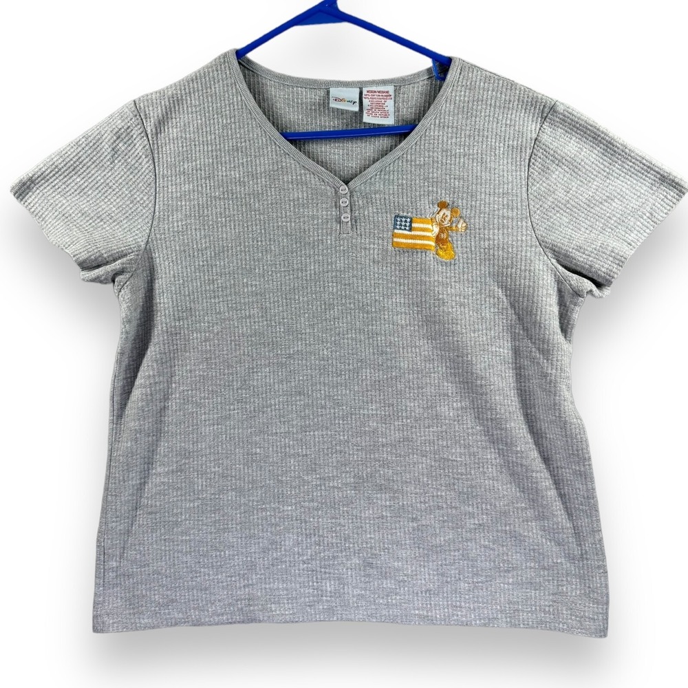 Disney Womens Henley Shirt Gray Mickey‎ Mouse US Flag Embroidered Medium